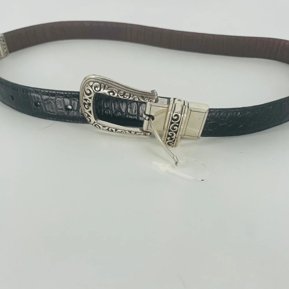 Brown Black Reversible Croc Embossed Leather Belt Ornate Silver Tone‎ Buckle